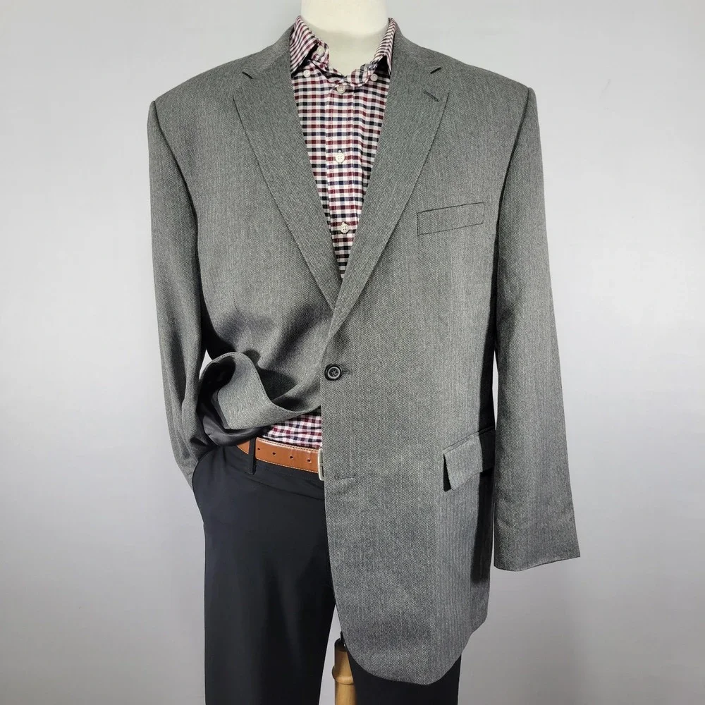 Joseph Feiss Men's Sport Coat Blazer Two Button Gray Herringbone Poly Blend 46L